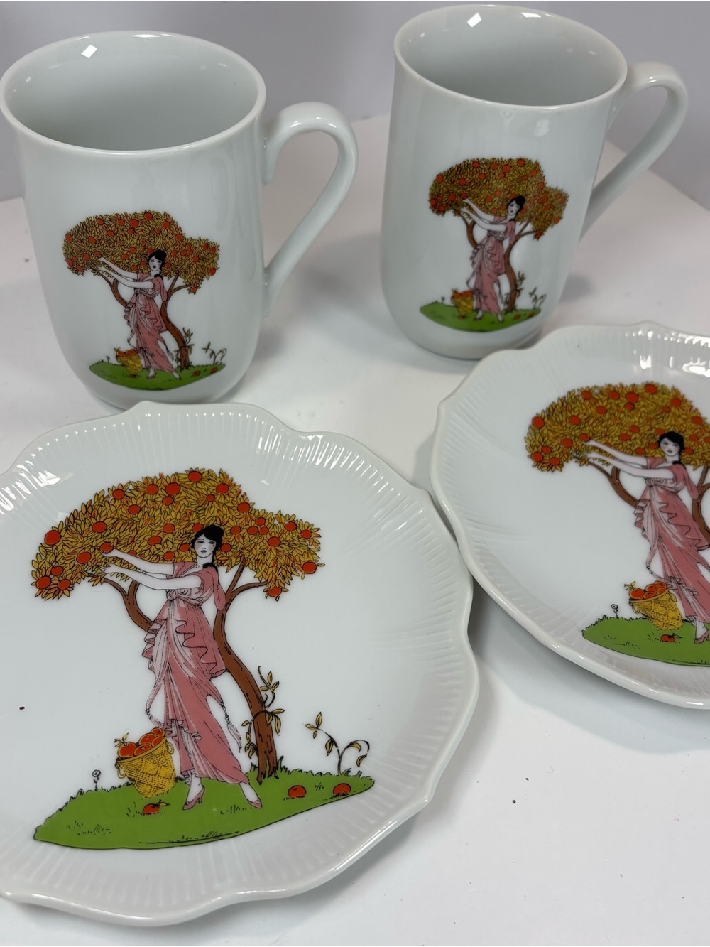 Antique 1913 Atlas China Grimwades Tea Set 4pc Art Nouveau Lady Tree Teacup HTF
